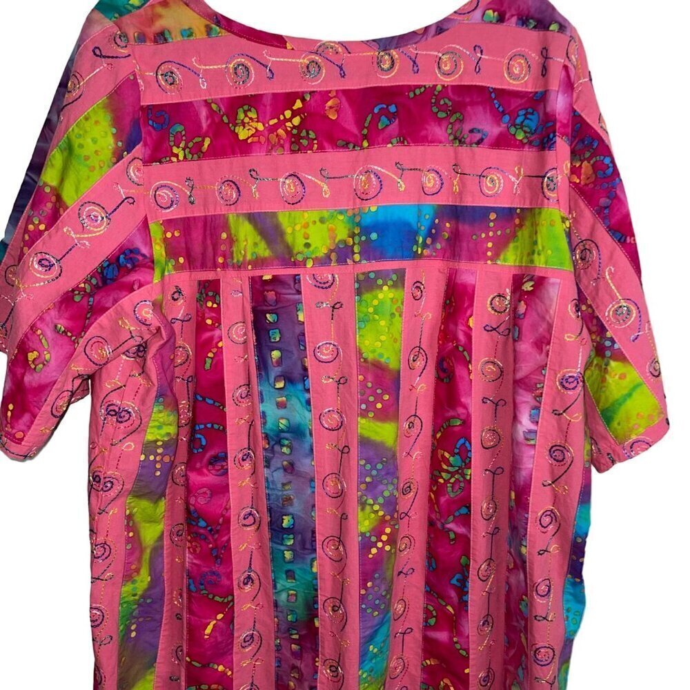 Vintage Womens Dress Size Large Pink Tie Dye Embroidered Patchwork Midi - Picture 9 of 10